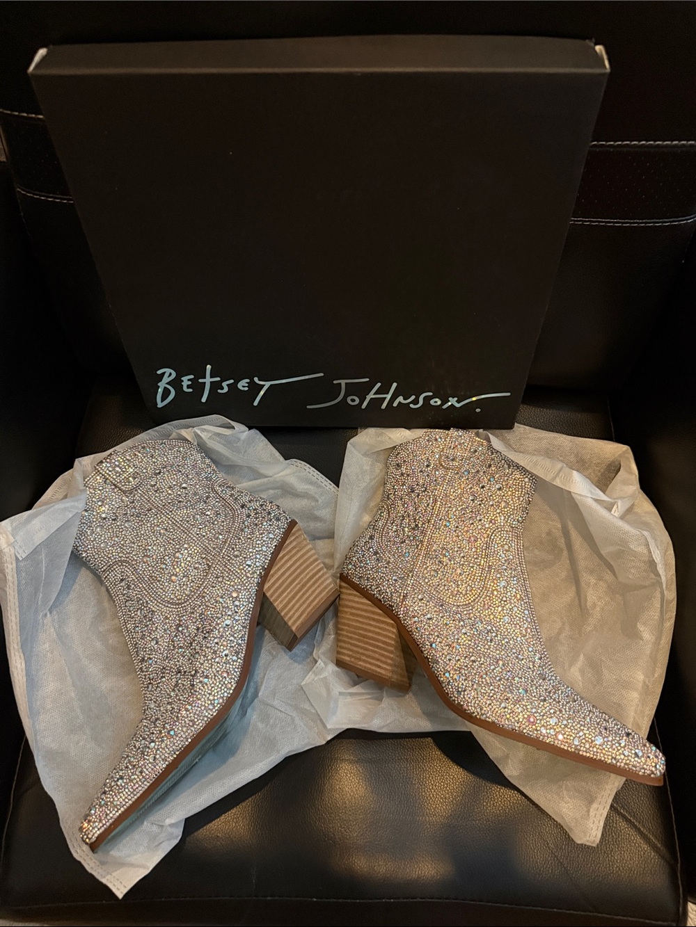 Betsey Johnson Iridescent Crystal Western Ankle Boots - Silver Sparkle